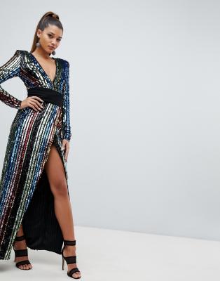 club l rainbow sequin wrap front maxi dress