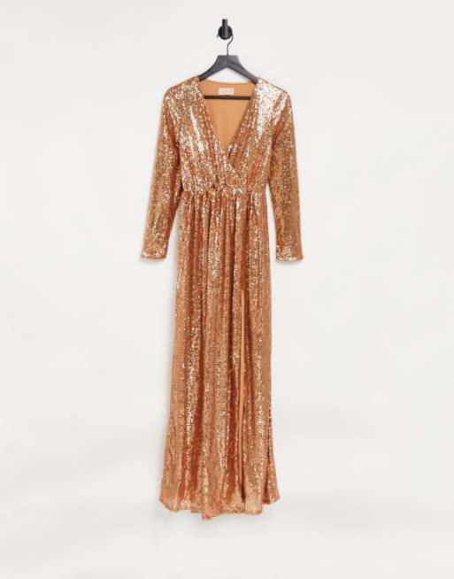 Club L Robe de soiree cache c ur longue a sequins Rouille