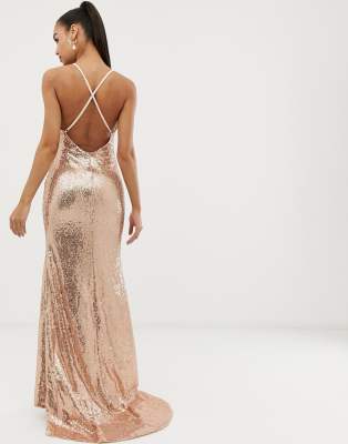 sequin cross back fishtail maxi dress