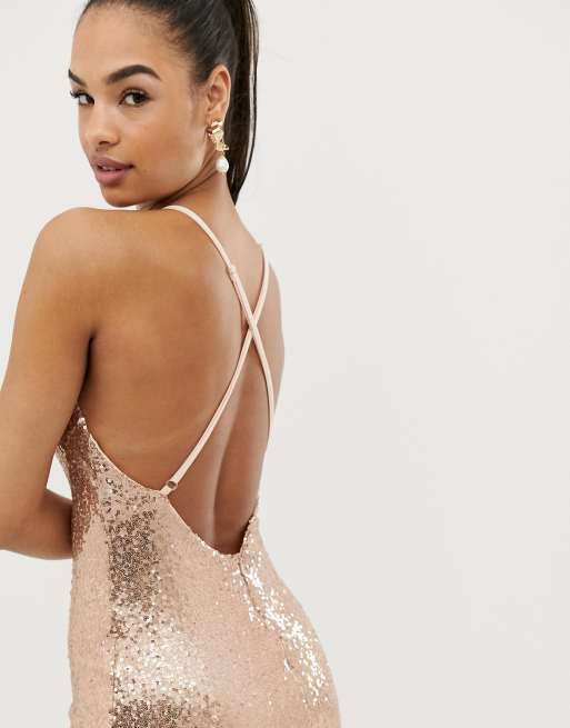 Rose gold chain strap 2024 sequin plunge bodycon dress