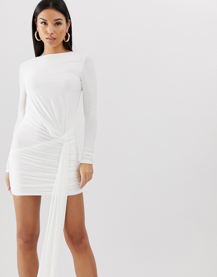 Club L slinky tie side ruched mini bodycon dress in white