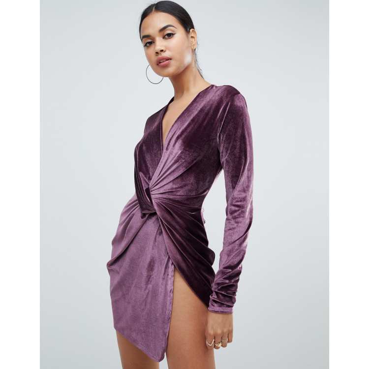 Club L twist front long sleeve velvet dress