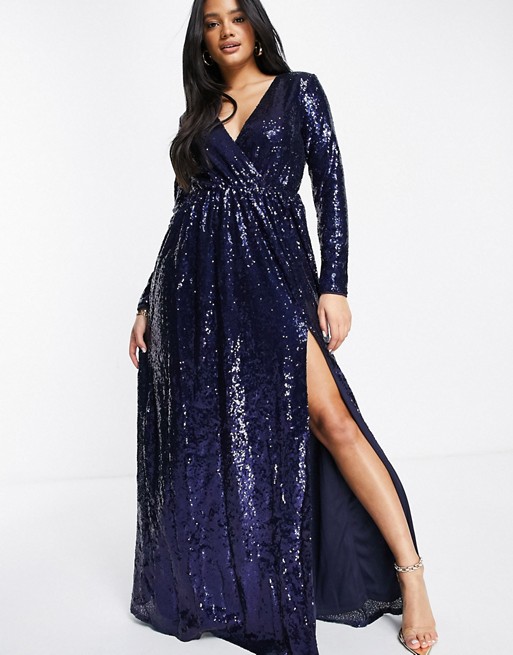 Club L wrap front sequin maxi gown in navy