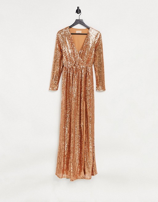 Club L wrap front sequin maxi gown in rust