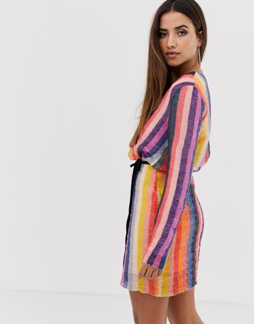 Rainbow Sequin Stripe Dress with White Sleeves