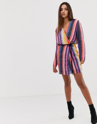 sequin stripe wrap dress