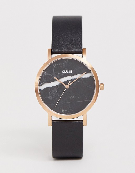 CLUSE La Roche Marble Black & Rose Gold Leather Watch