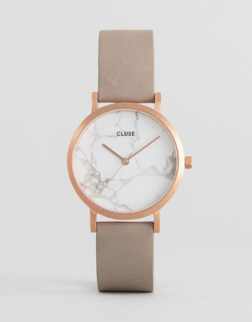 Cluse La Roche Marble White Gray Leather Watch