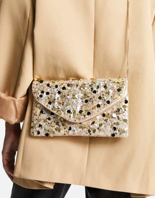 Clutch tipo sobre con diseño adornado metalizado de lentejuelas de True Decadence