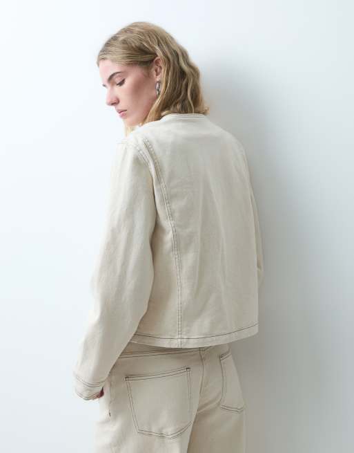 Co-ord con giacca di jeans beige con chiusura a nodo sul davanti e cuciture a contrasto, 2 di 4
