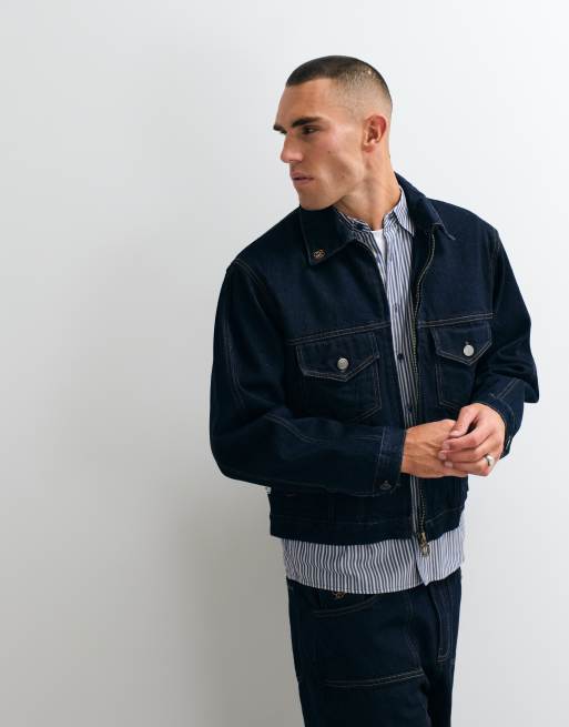 Co-ord con giacca di jeans oversize con chiusura con zip in denim grezzo blu indaco, 2 di 5