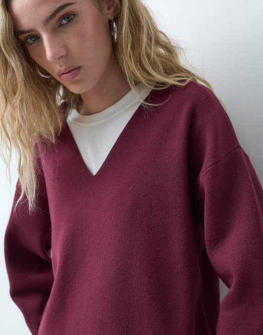 Co-ord con maglione a collo a V testurizzato color bordeaux, 3 di 4