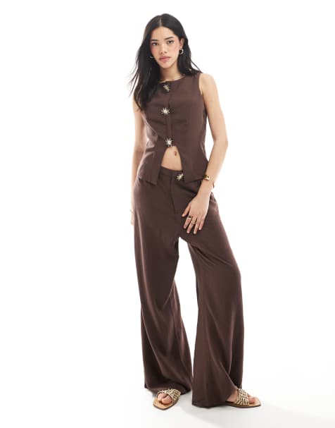 Co-ord set van linnenmix van gilet en broek in chocoladebruin - view 1