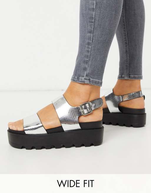 Co Wren Wide Fit chunky sole sandals in silver | ASOS