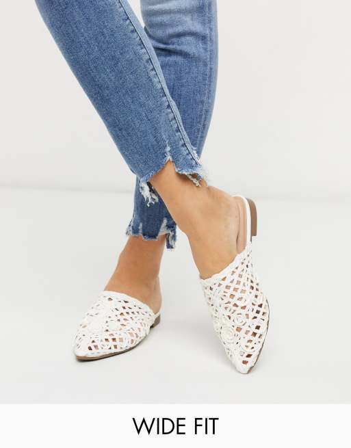 Co Wren Wide Fit pointed flat mules in white woven | ASOS