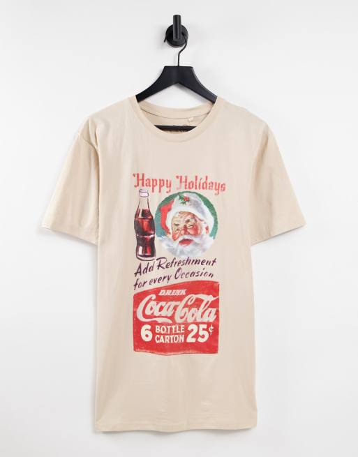 Coca Cola - T-shirt natalizia color sabbia con stampa vintage e scritta 