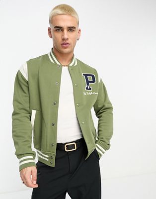Polo Ralph Lauren x ASOS exclusive collab varsity bomber jacket sweat in olive green with logo - ASOS Price Checker