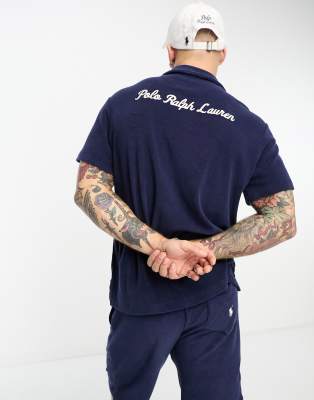 Polo Ralph Lauren x ASOS exclusive collab terry towelling revere collar shirt in navy with back print logo - ASOS Price Checker