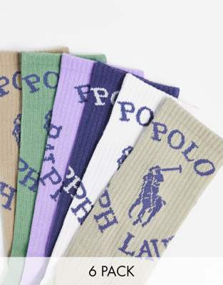 Polo Ralph Lauren x ASOS exclusive collab 6 pack sport socks in navy, cream, purple, green with circle logo - ASOS Price Checker
