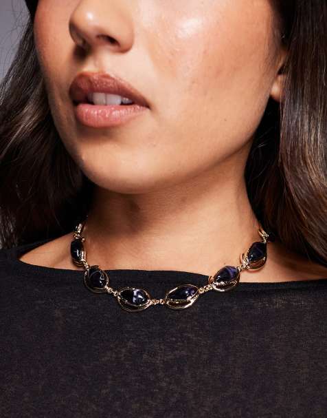 Collar corto dorado con diseño de piedras semipreciosas azul marino de imitación de ASOS DESIGN - view 1