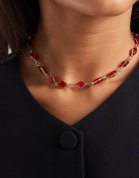 Collar corto dorado con piedras burdeos de cristal de ASOS DESIGN - view 1