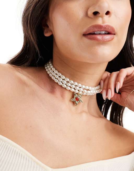 Collar de varias hileras de perlas de imitación con colgante de estrella dorada Paloma de Petit Moments 