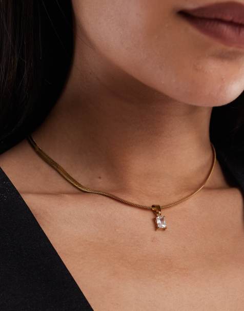 Collar dorado de acero inoxidable resistente al agua con diseño de cadena de serpiente y colgante de circonita de ASOS DESIGN - view 1