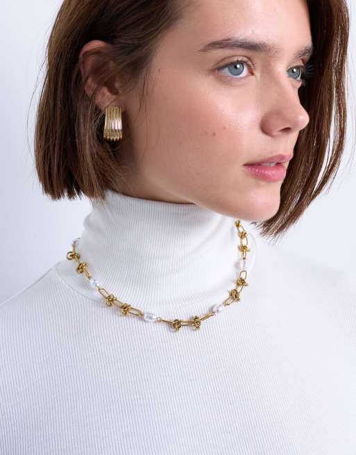 Collar dorado de cadena con perlas de acero inoxidable May de Topshop, 2 de 3