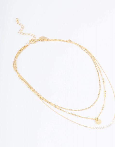 Collar dorado de tres hileras finas con cuentas y charm de disco chapado en oro de Lovisa - view 1