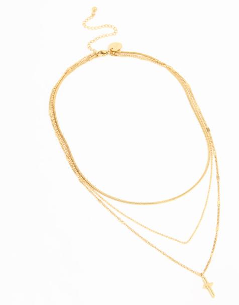 Collar dorado de varias hileras con colgante de cruz de acero inoxidable resistente al agua chapado en oro de Lovisa - view 1