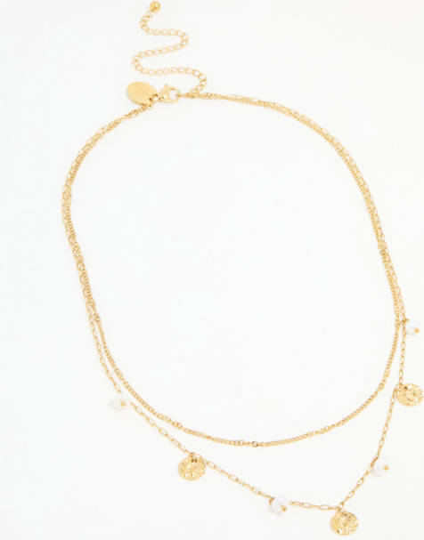 Collar dorado de varias hileras con colgantes de perlas y monedas de acero inoxidable resistente al agua chapado en oro de Lovisa - view 1