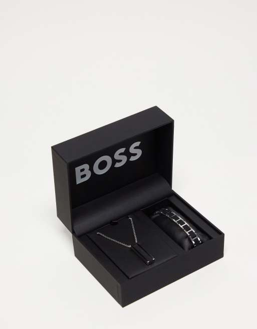 Collar estilo cadena para hombre de acero inoxidable con pulsera y colgante negros de silicona de BOSS