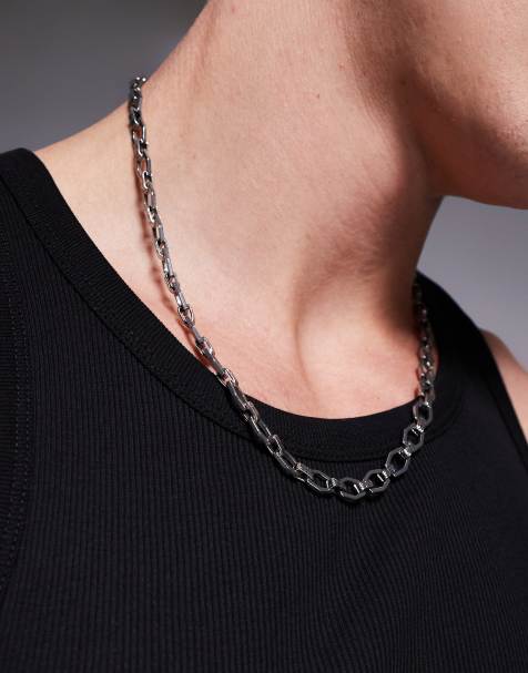 Collar plateado de cadena con eslabones y diseño grabado de grecas griegas de acero inoxidable resistente al agua de ASOS DESIGN - view 1