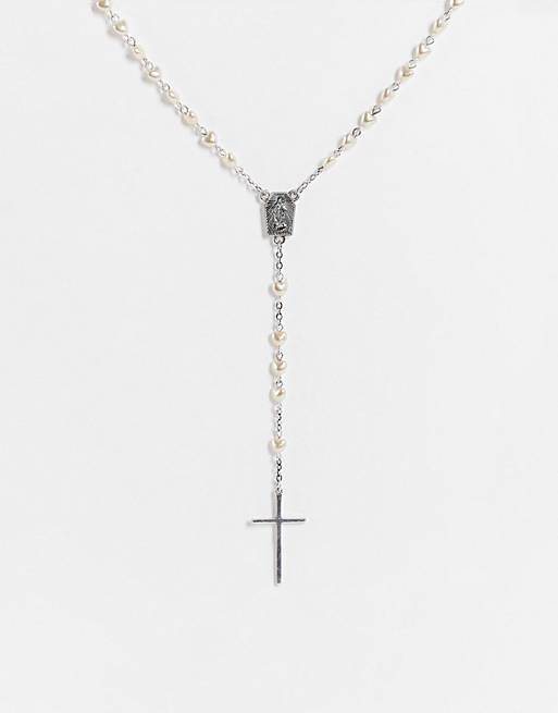 Hombre Other | Collar plateado pulido con diseño de rosario vintage con perlas de imitación blancas y cruz de ASOS DESIGN - JI92445