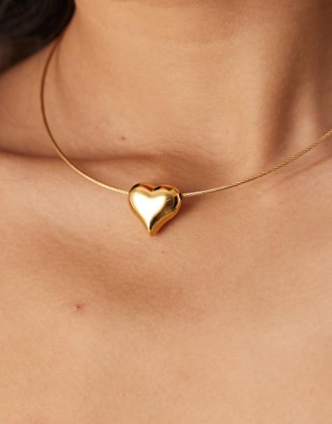 Collar rígido dorado con diseño de filamento y colgante de corazón abombado de acero inoxidable resistente al agua de ASOS DESIGN - view 1
