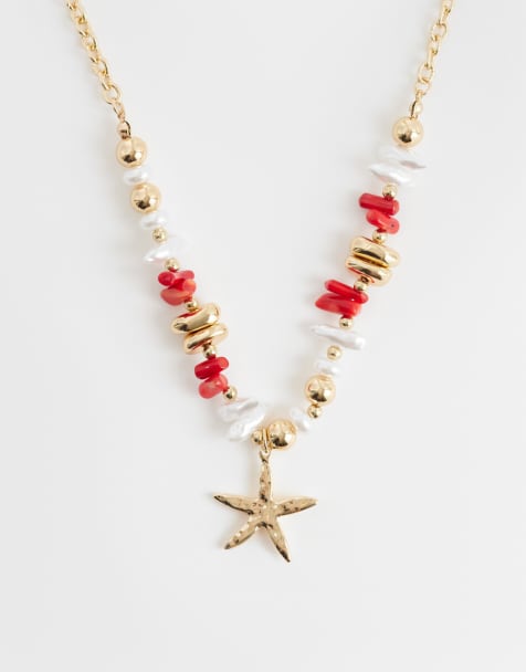 Collar rojo coral y dorado con colgante de estrella de mar de cuentas de DesignB London - view 1