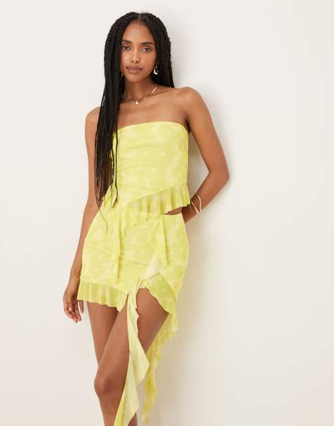 Collective The Label Asymmetric frill bandeau top in lime flower mesh - view 1