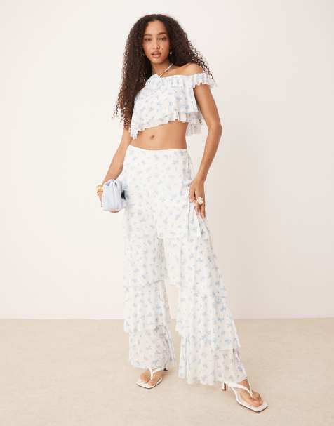 Collective The Label Aysmmetric ruffle trousers in white sky blue ditsy