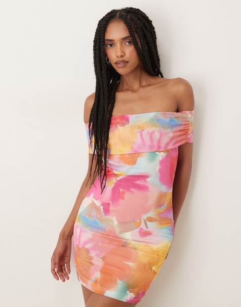 Collective The Label Bardot bodycon mini dress in multi watercolour flower - view 1
