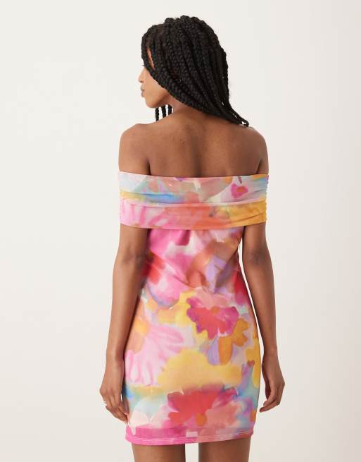 Collective The Label Bardot bodycon mini dress in multi watercolour flower, 2 of 4