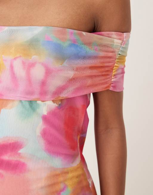 Collective The Label Bardot bodycon mini dress in multi watercolour flower, 3 of 4