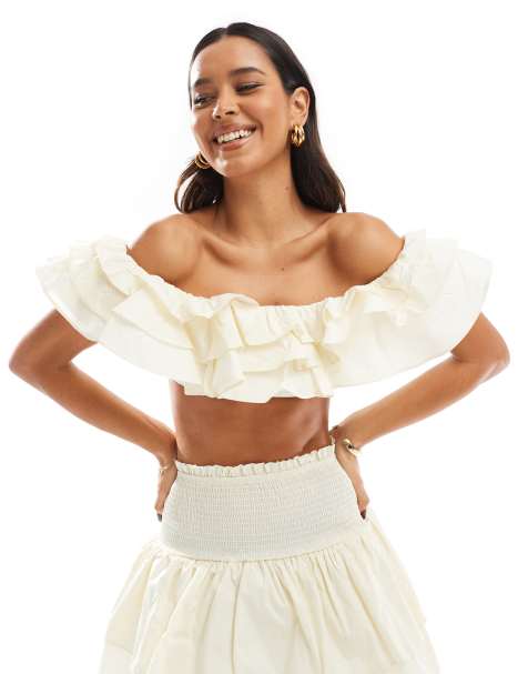 Collective The Label Bardot ruffle crop top in cream - view 1
