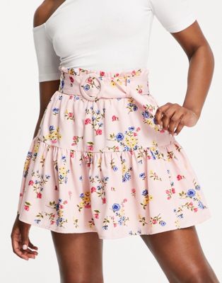 Collective the Label belted tiered mini skirt co-ord in pink floral