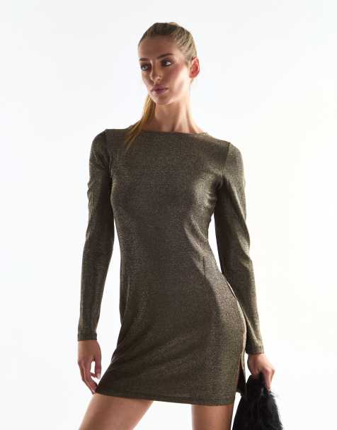 Collective The Label Boat neck long sleeves mini dress in dark gold glitter