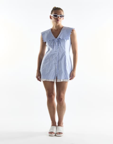 Collective The Label Button through aline mini dress in blue grid check - view 1