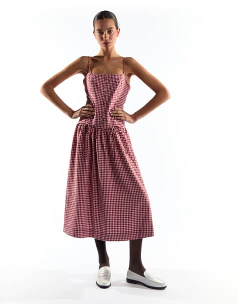 Collective The Label Button through dropped waist midi dress in red gingham