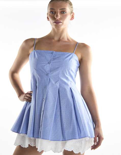 Collective The Label Button through skater dress in cornflower check - view 1