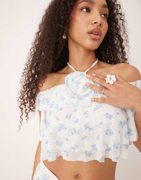 Collective The Label Corsage ruffle bardot halterneck crop top in white sky blue ditsy