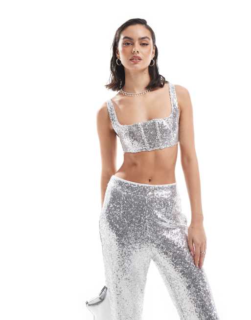 Collective The Label Corset crop top in micro silver sequin | ASOS