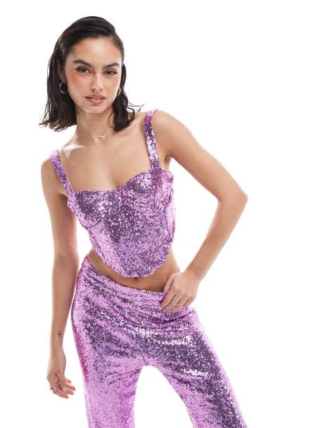 Collective The Label Corset crop top in orchid pink sequin - view 1
